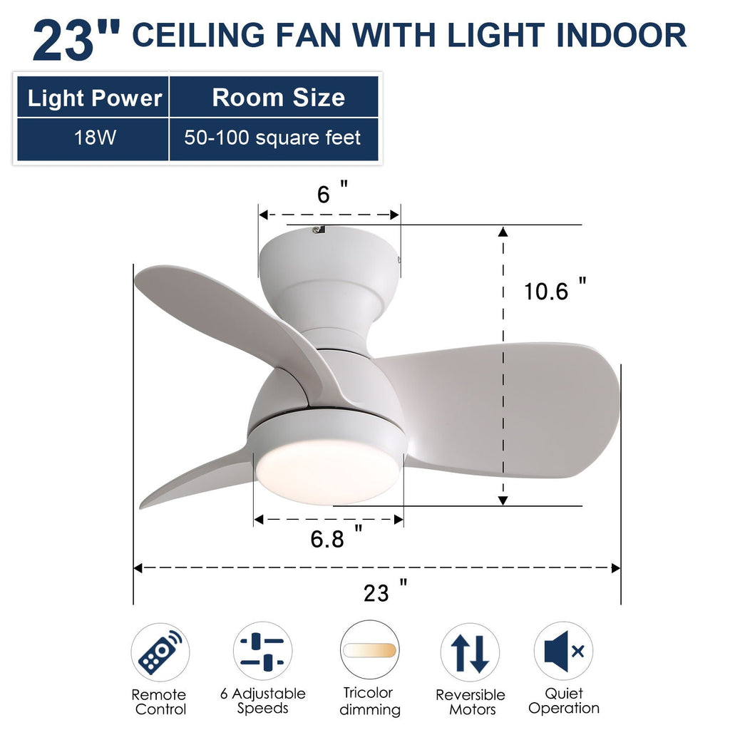 23" Bedroom Ceiling Fan With 3 Color Dimmable 3 ABS Blades Remote Control Dc Motor With 18W Led Light