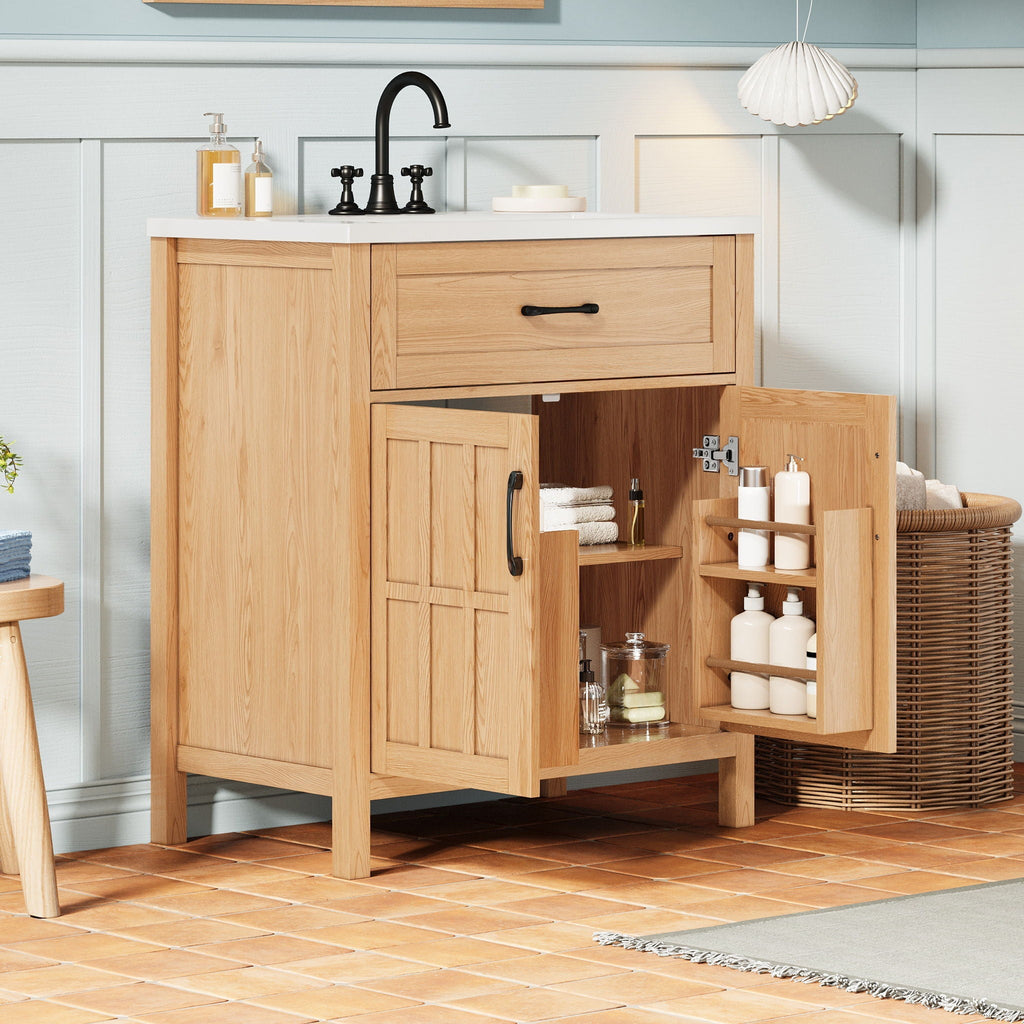 Bathroom Vanity With Sink, Adjustable Shelf & Door Organizers - Walnut