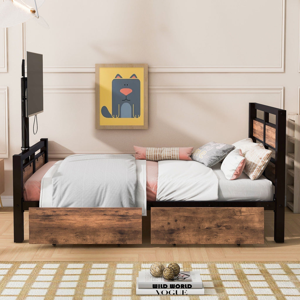 Twin Size Platform Bed With Headboard And Footboard, 2 Storage Drawers And Rotatable TV Stand - Black