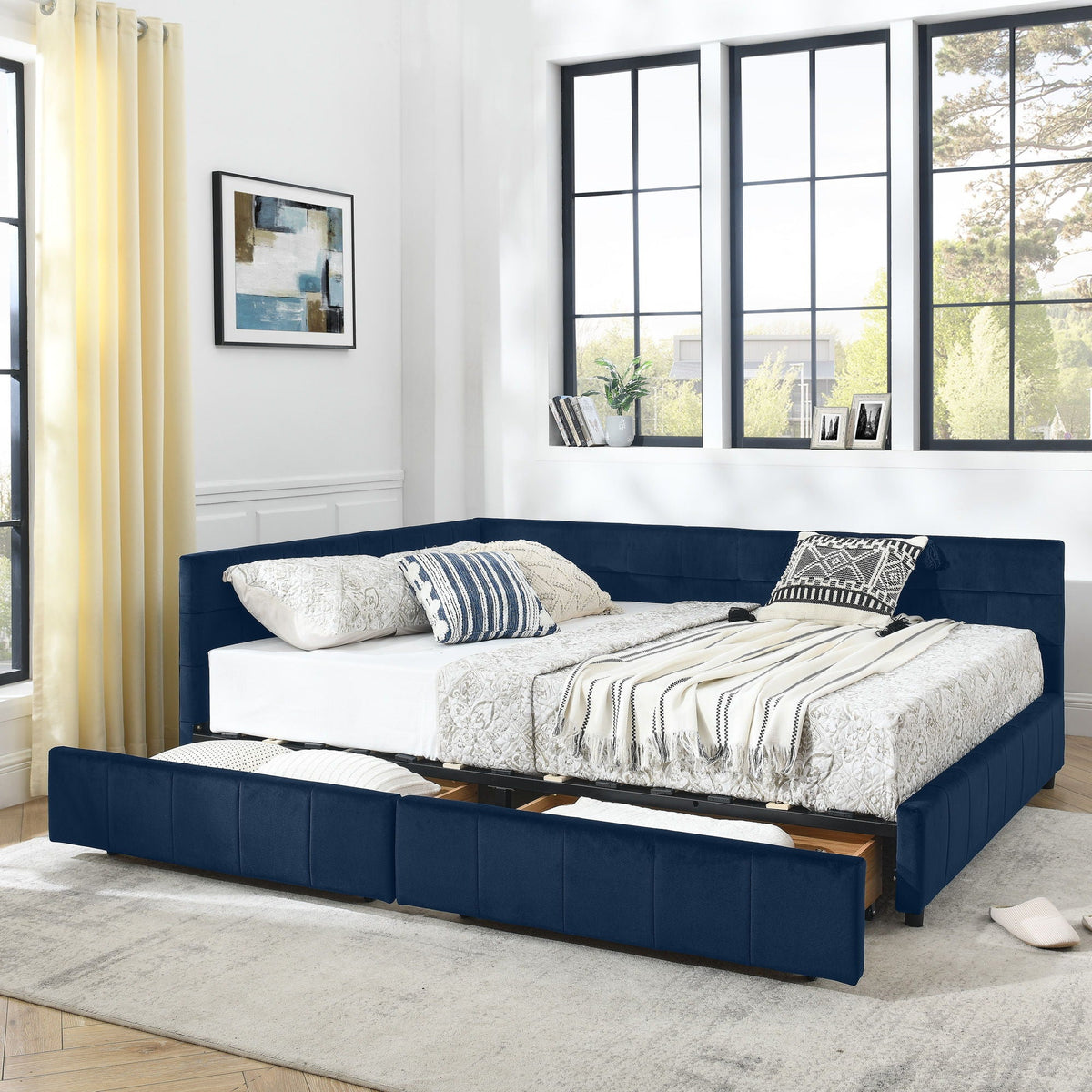 Upholstered Bed Frame With Tufted Backrest And Armrests