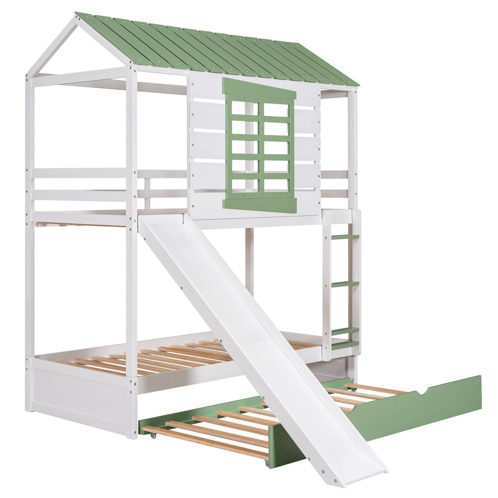Twin Over Twin House Bunk Bed With Convertible Slide And Trundle - White