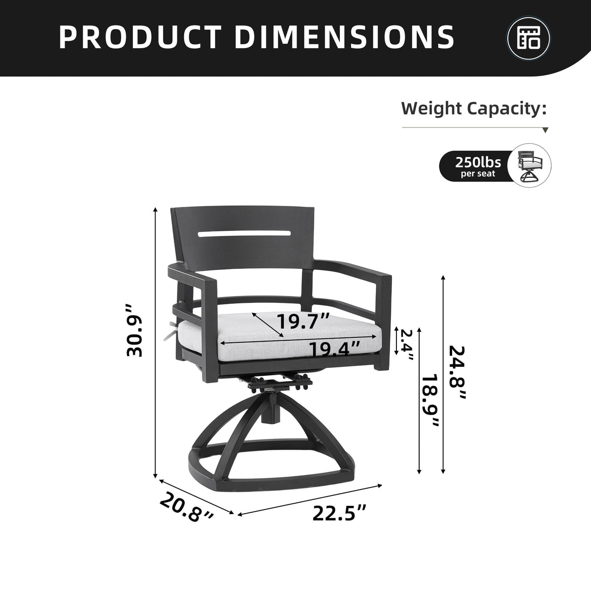 Outdoor Patio Swivel Rocker With Outdoor Grade Sunbrella Fabric Cushions (Set of 2) - Ember Black