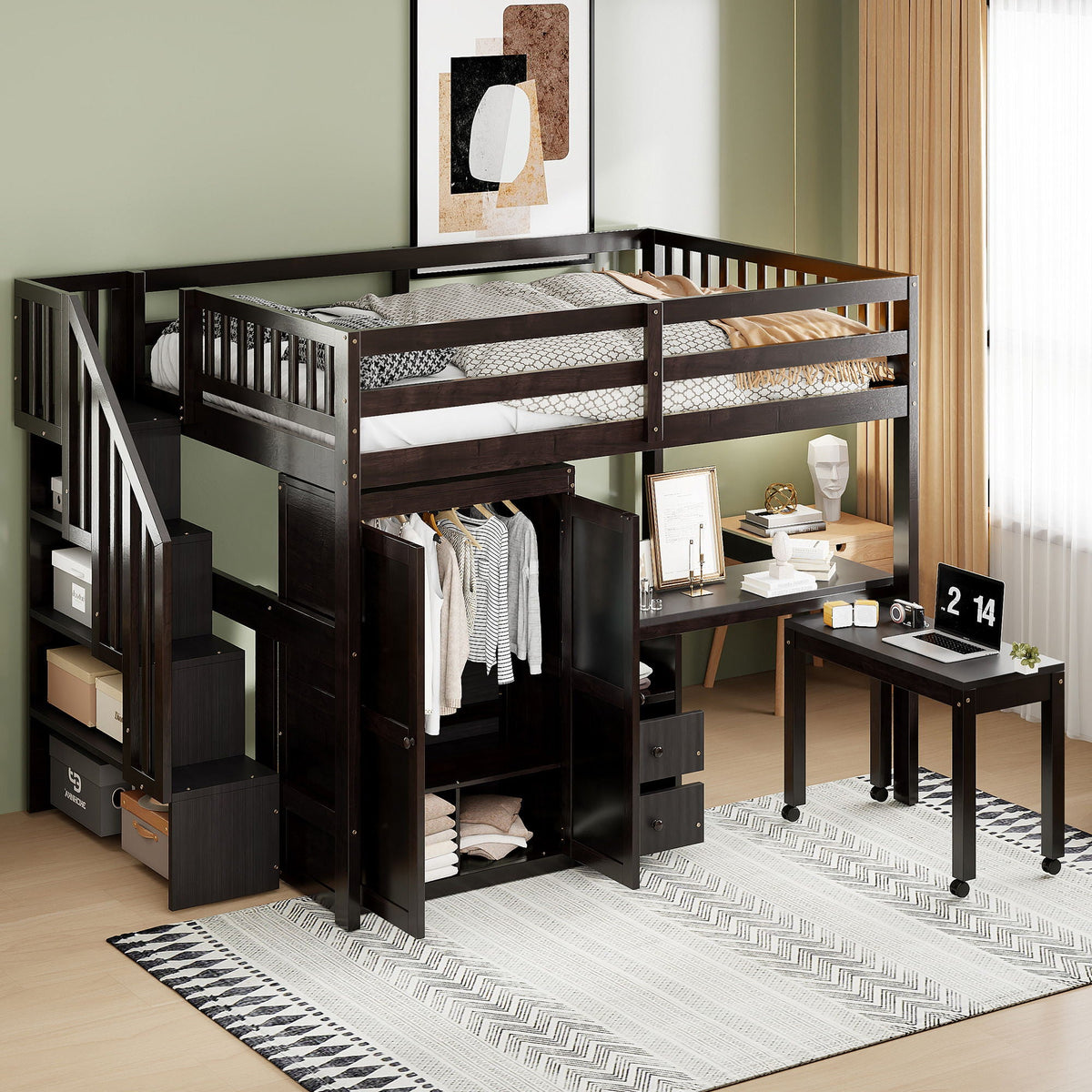 Loft Bed With Stairs, Bookshelf, Drawers, Desk & Wardrobe, Space Saving Multifunctional Furniture