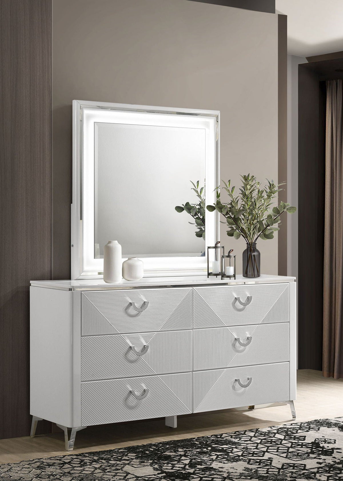 Cassia 6-drawer Dresser Cabinet with Mirror White High Gloss
