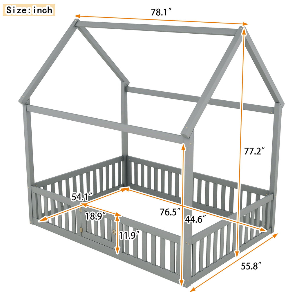 Wood House Bed With Fence And Door