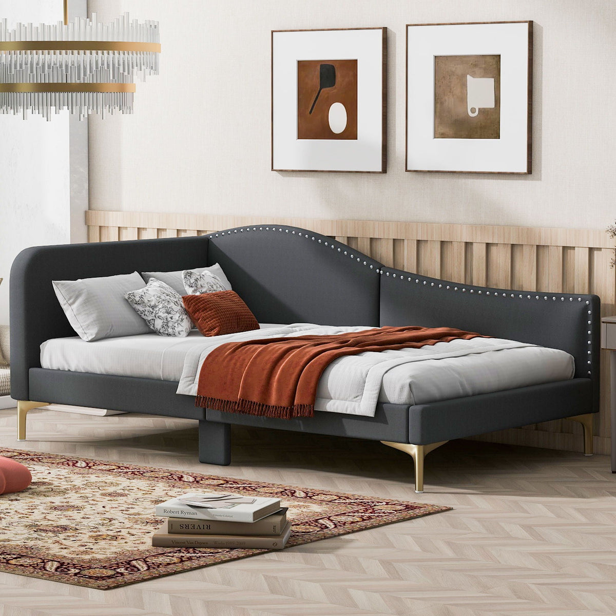 Upholstered Daybed With Headboard And Armrest, Support Legs