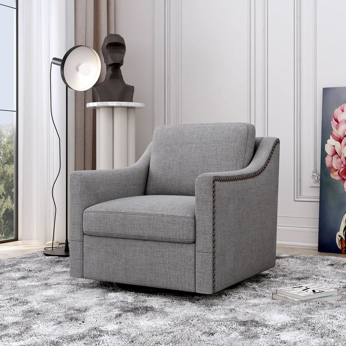 360 Degree Swivel Armchair, Skin Friendly Fabric, Ergonomic Design, Brass Nail Decorative Armchair