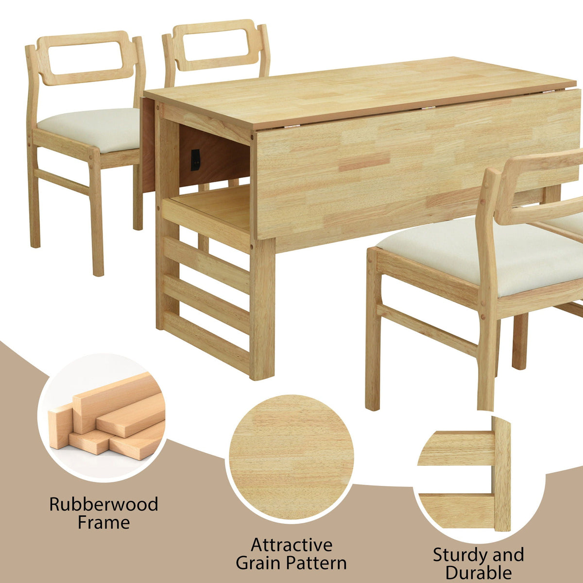 5 Piece Extendable Wood Square Dining Table Set With 2 Drop Leaves