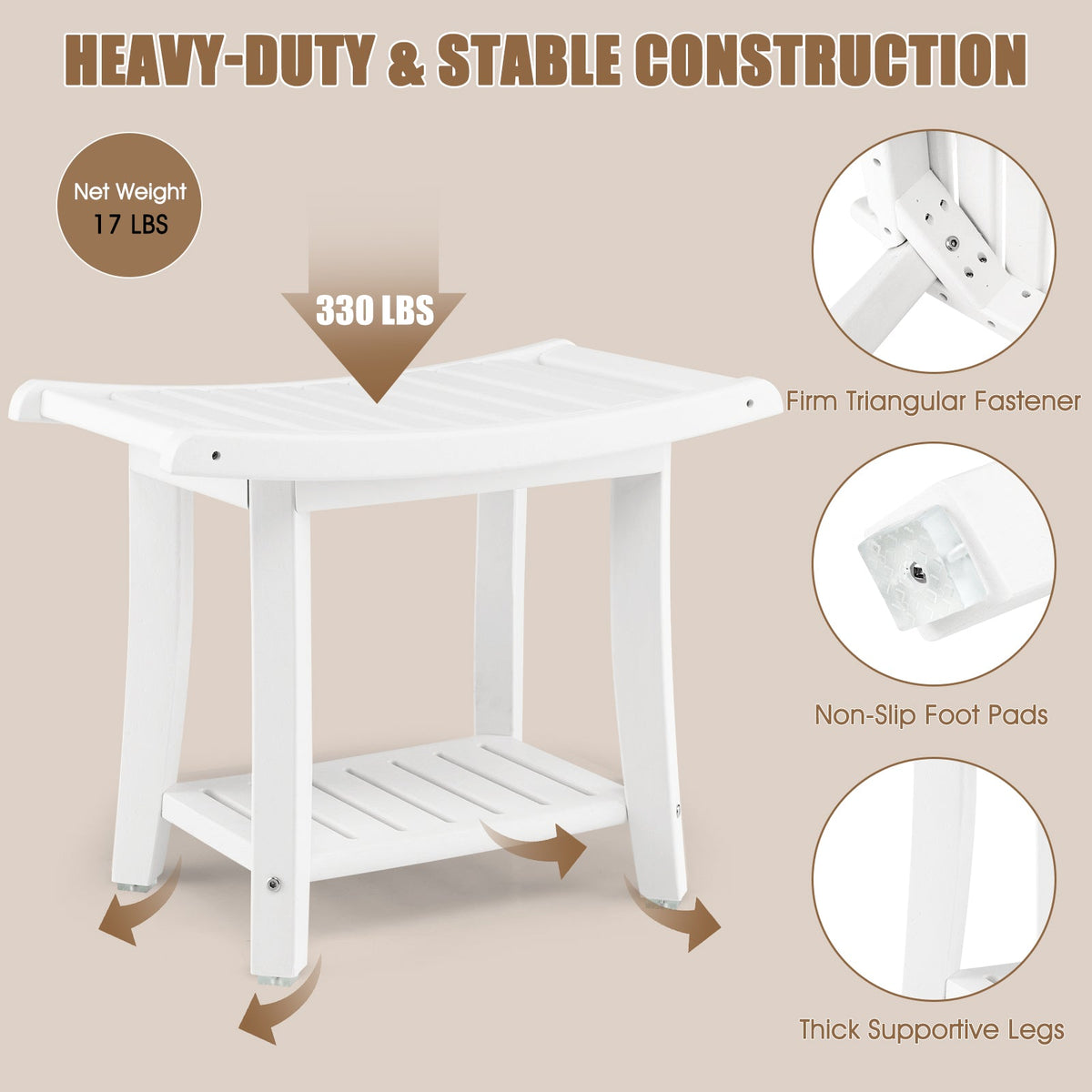 Waterproof Bath Stool with Curved Seat and Storage Shelf