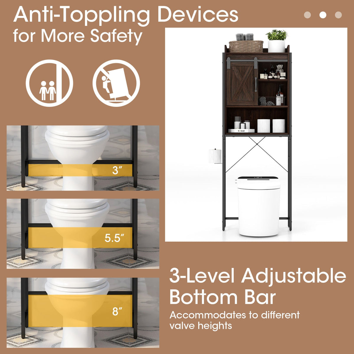 4-Tier Multifunctional Toilet Sorage Cabinet with Adjustable Shelf and Sliding Barn Door