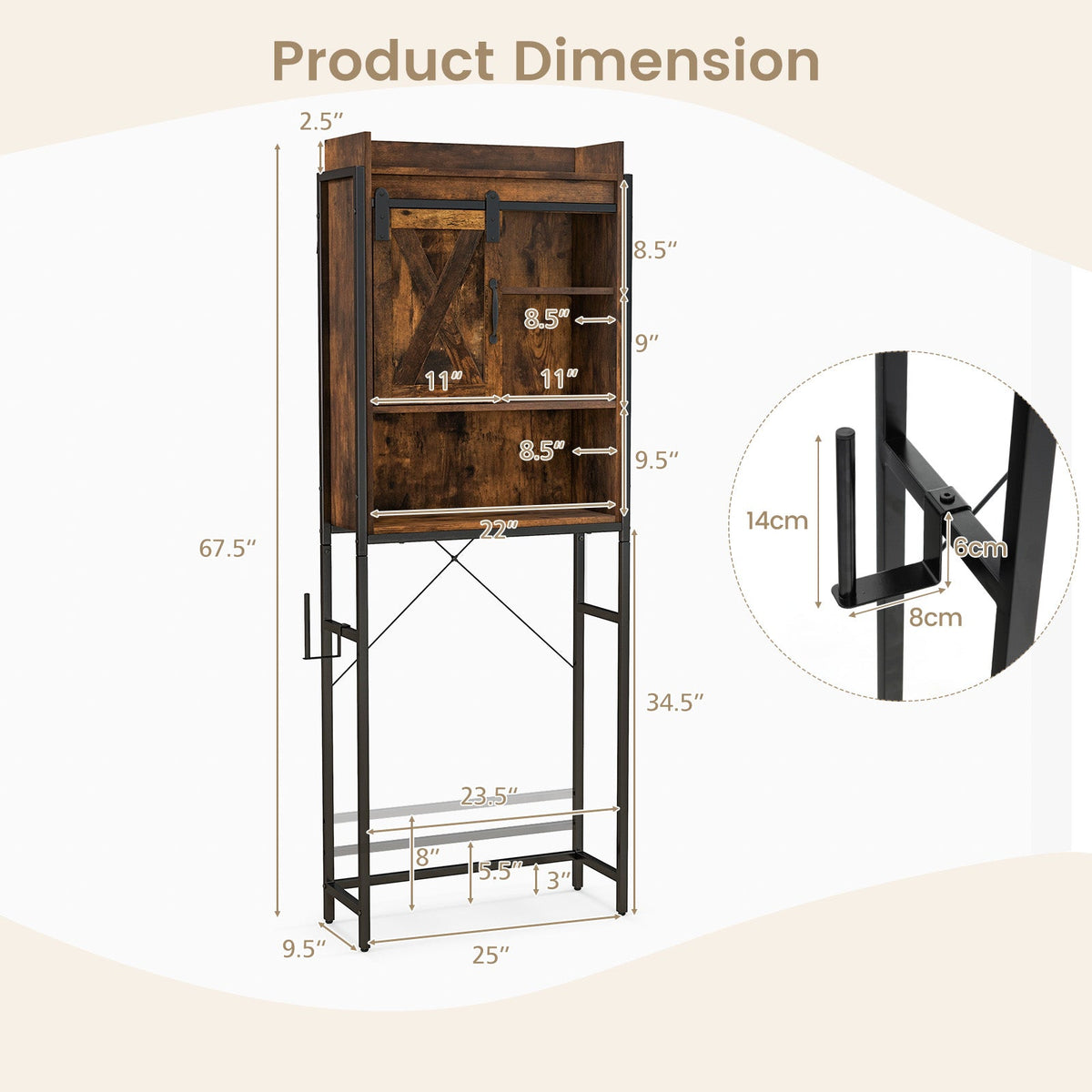 4-Tier Multifunctional Toilet Sorage Cabinet with Adjustable Shelf and Sliding Barn Door