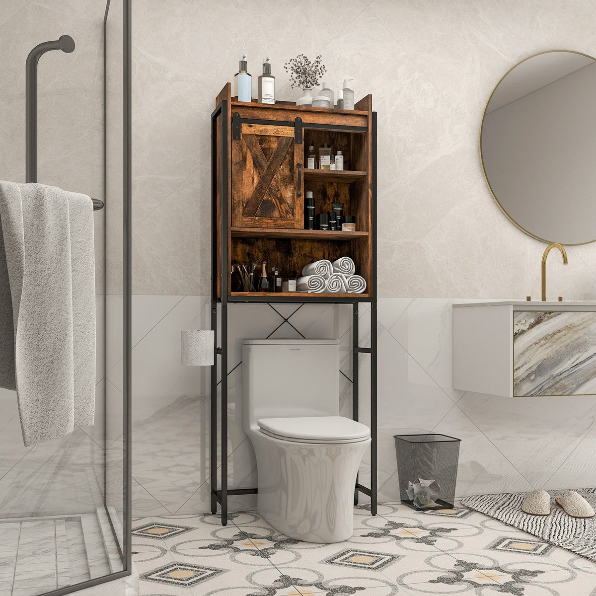 4-Tier Multifunctional Toilet Sorage Cabinet with Adjustable Shelf and Sliding Barn Door