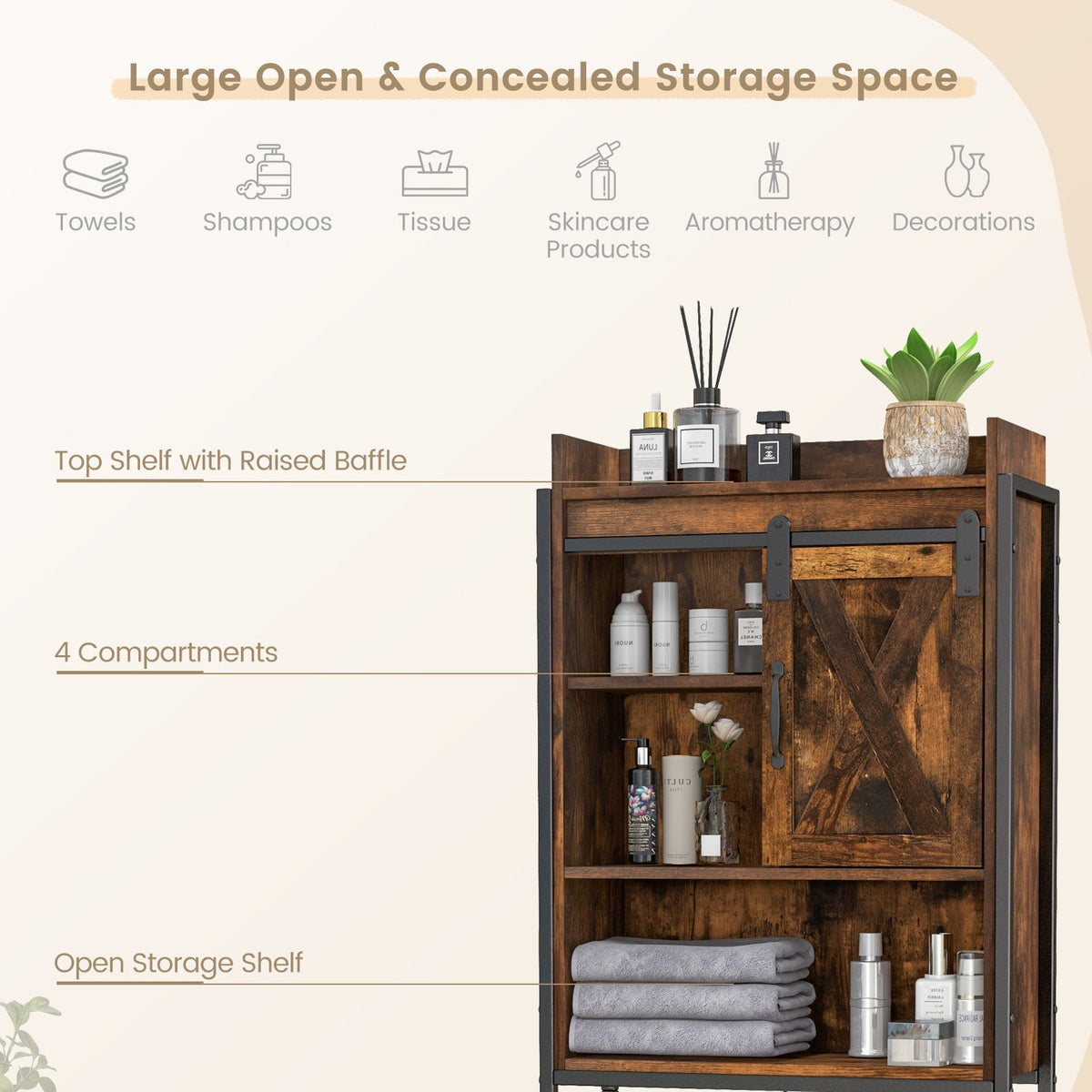 4-Tier Multifunctional Toilet Sorage Cabinet with Adjustable Shelf and Sliding Barn Door