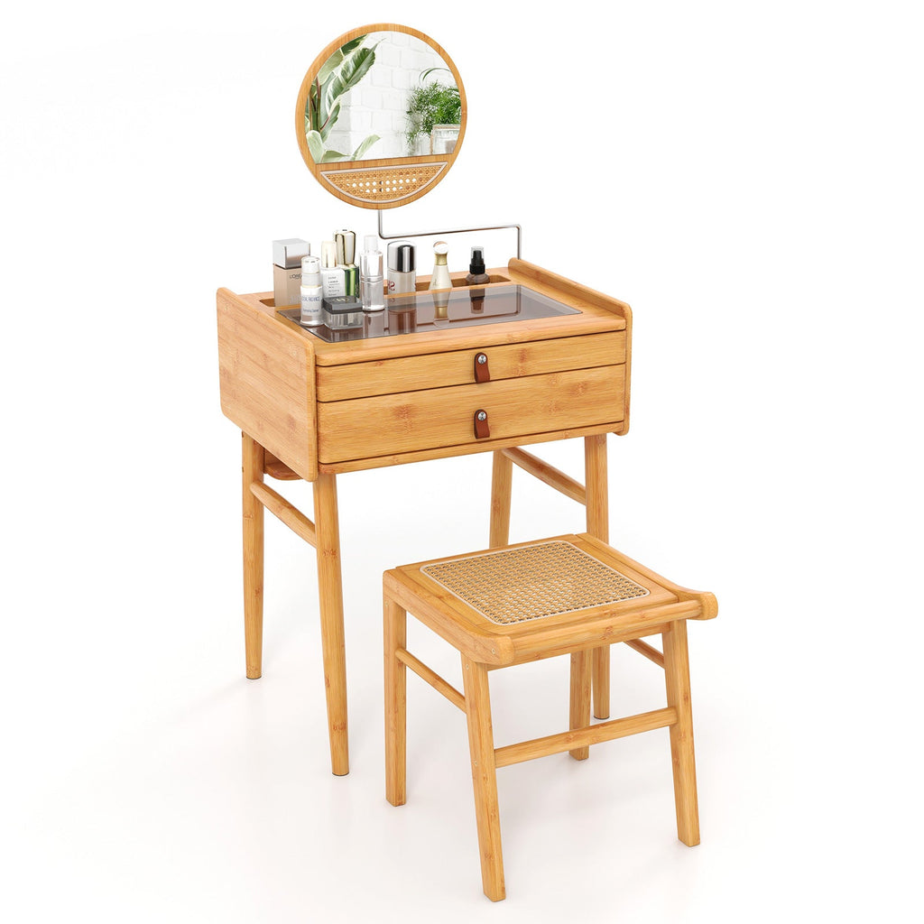 Bamboo Makeup Vanity Table with Stool and Rotating Mirror