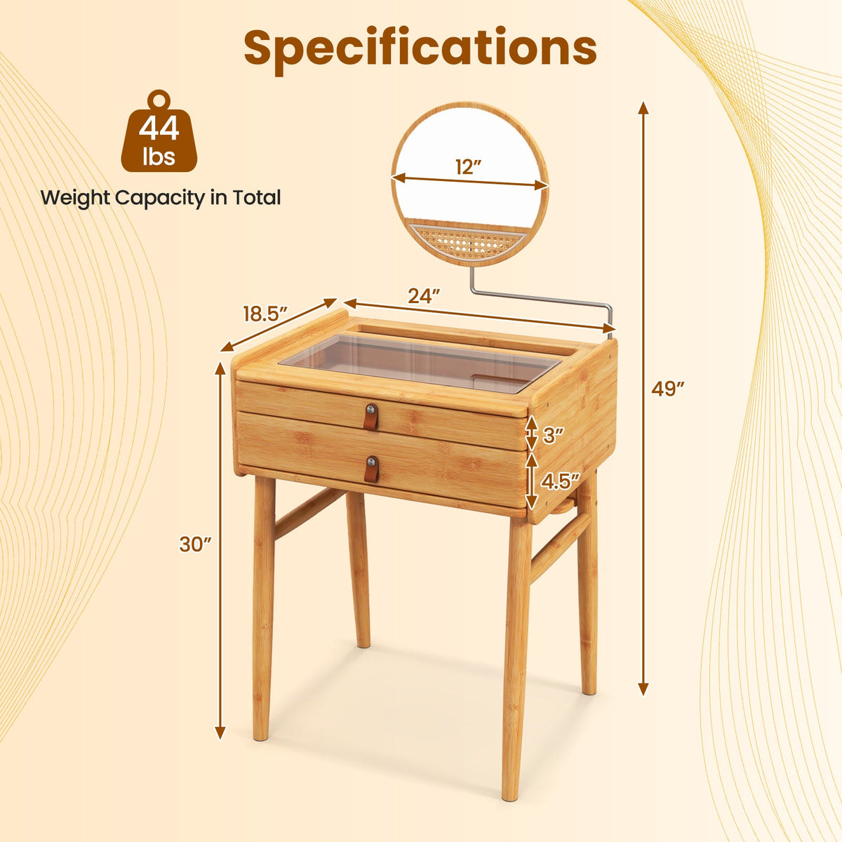 Bamboo Makeup Vanity Table with Stool and Rotating Mirror