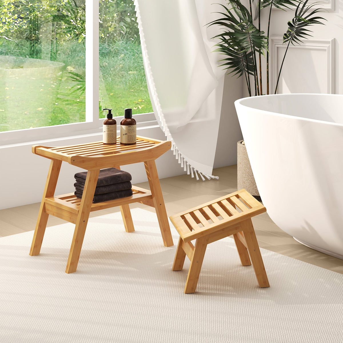 Bamboo Shower Seat Bench with Underneath Storage Shelf-Natural