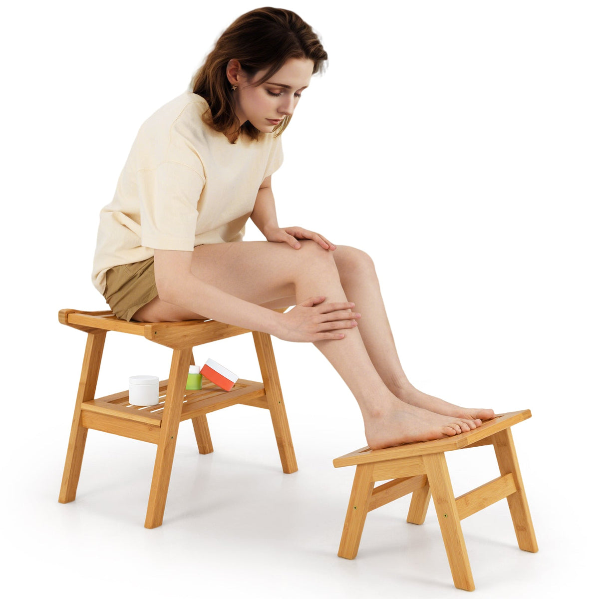 Bamboo Shower Seat Bench with Underneath Storage Shelf-Natural