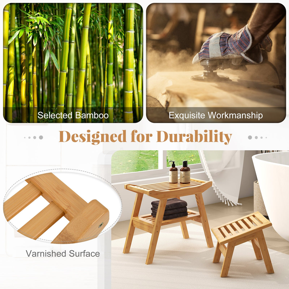 Bamboo Shower Seat Bench with Underneath Storage Shelf-Natural