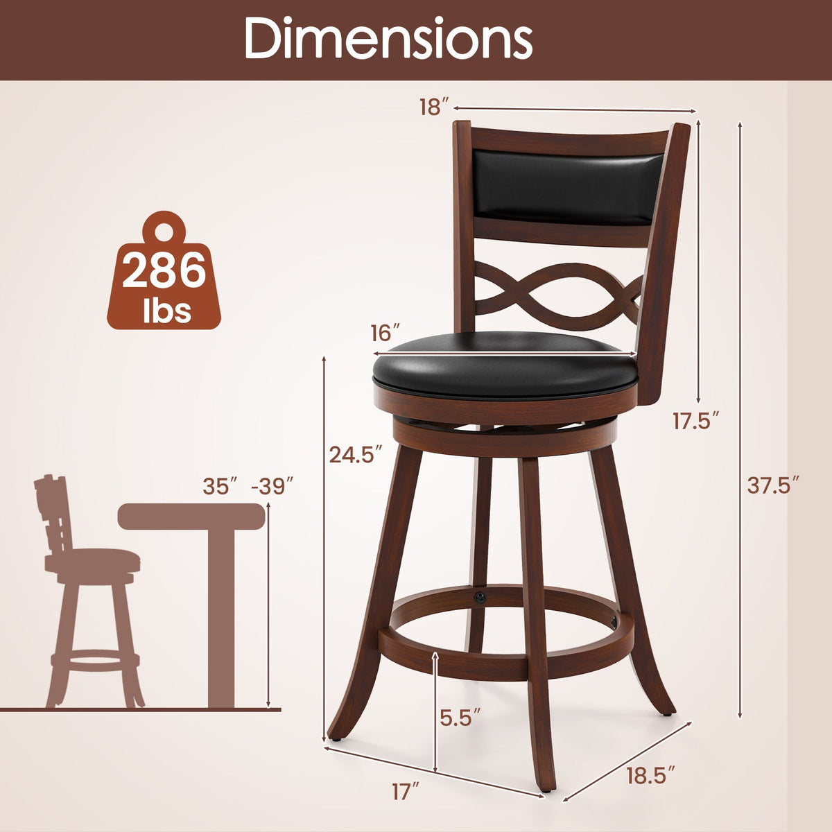 Bar Stools Set of 2 with Rubber Wood Frame and Faux Leather Upholstered Seat