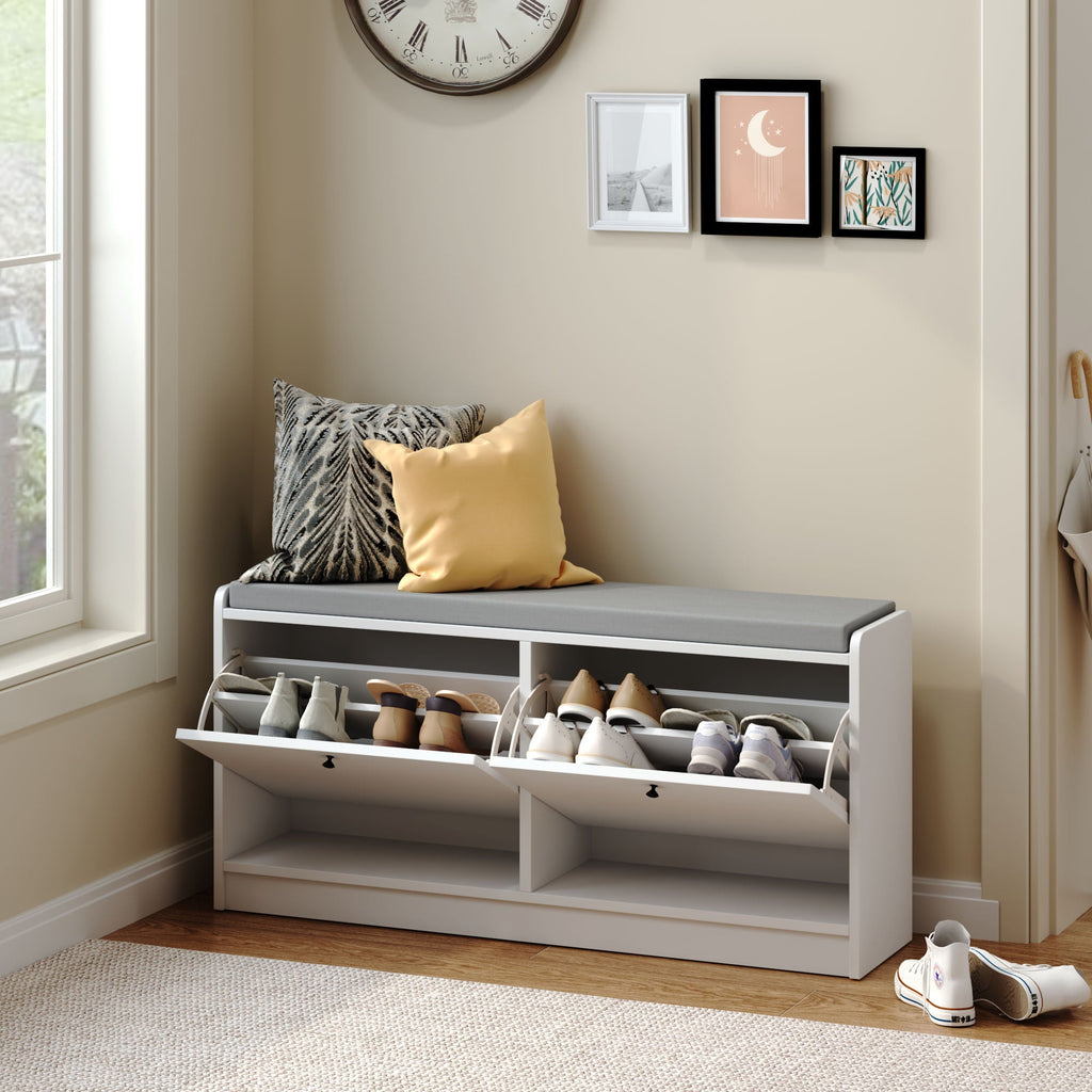 Shoe Storage Bench With Cushion, Entryway Organizer Cabinet For Hallway - White