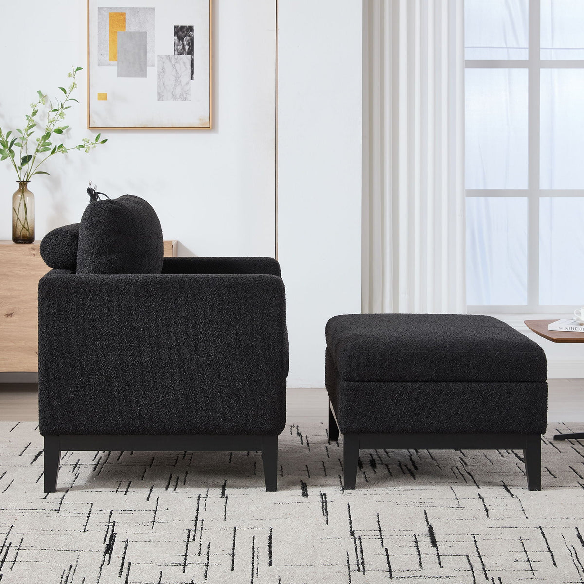 Farmhouse Upholstered Accent Chair With Ottoman, Reversible Lid Coffee Table