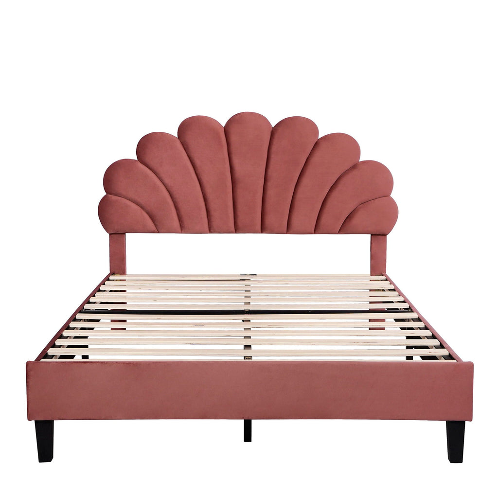 Upholstered Platform Bed With Flower Pattern Headboard