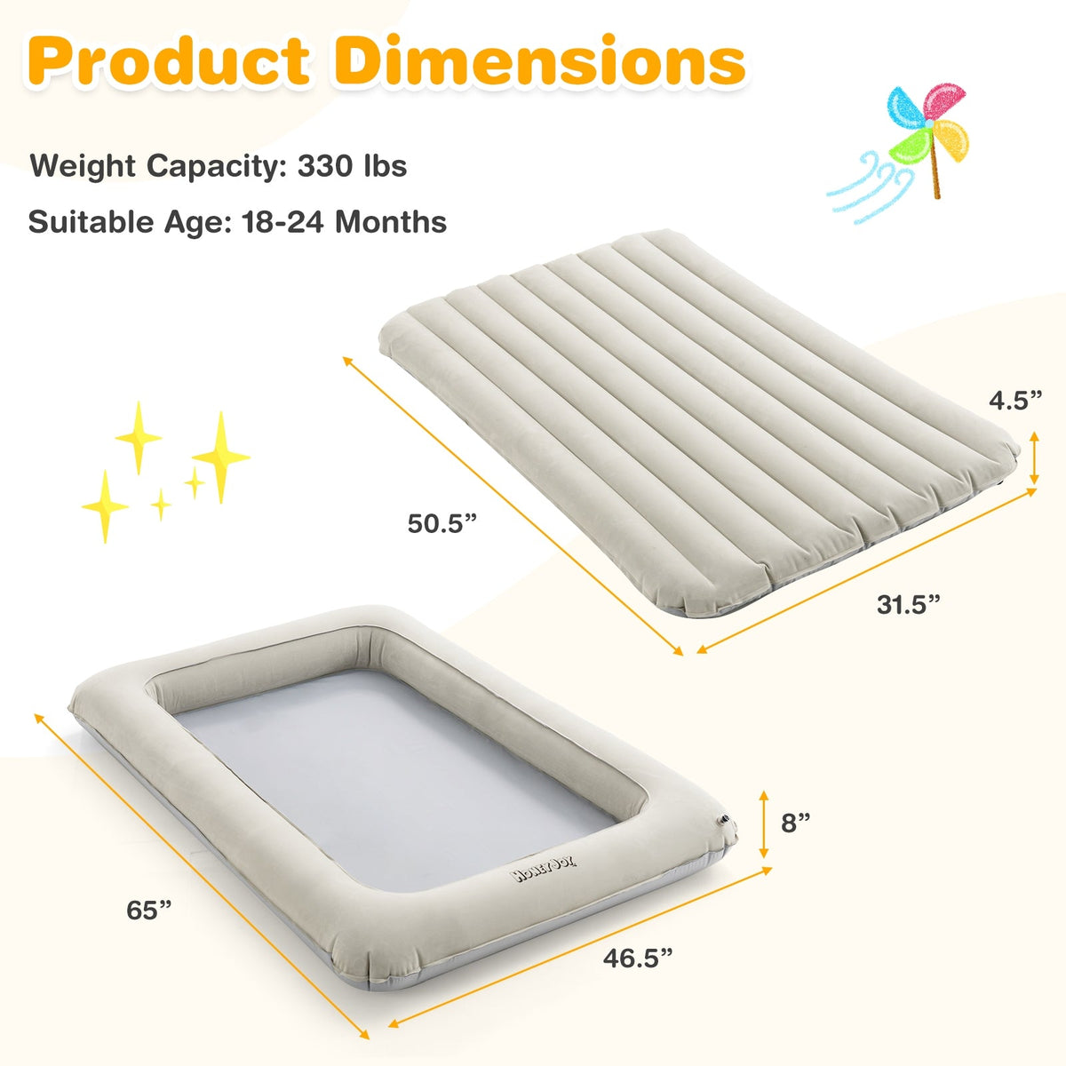 2-in-1 Multi-Purpose Inflatable Toddler Travel Bed Air Mattress Set with Electric Pump-Gray