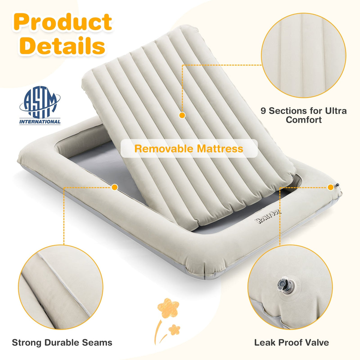 2-in-1 Multi-Purpose Inflatable Toddler Travel Bed Air Mattress Set with Electric Pump-Gray