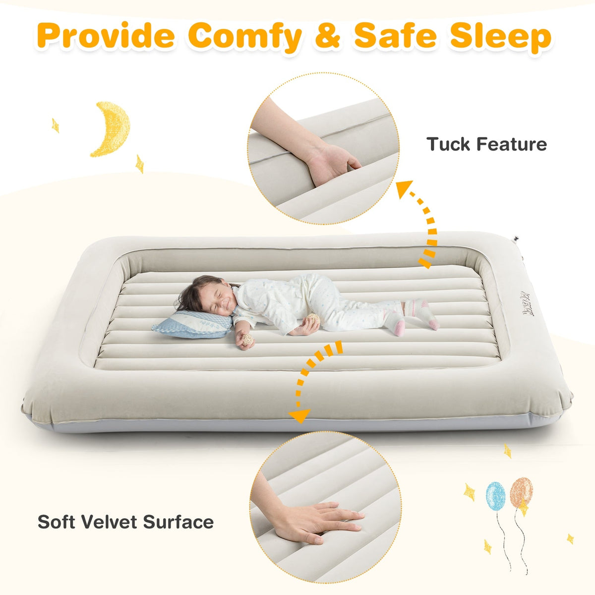 2-in-1 Multi-Purpose Inflatable Toddler Travel Bed Air Mattress Set with Electric Pump-Gray
