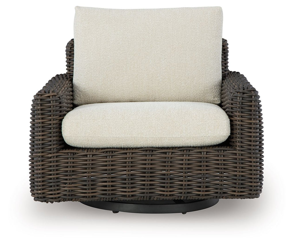 Kimora - 4 Pc. - 4-Piece Outdoor Sectional, Swivel Glider Lounge, Cocktail Table, End Table - Beige / Dark Brown