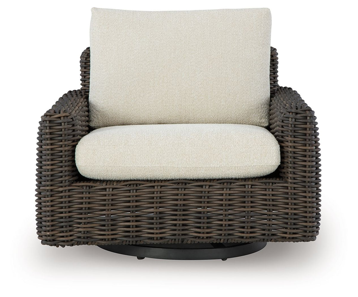 Kimora - 4 Pc. - 4-Piece Outdoor Sectional, Swivel Glider Lounge, Cocktail Table, End Table - Beige / Dark Brown