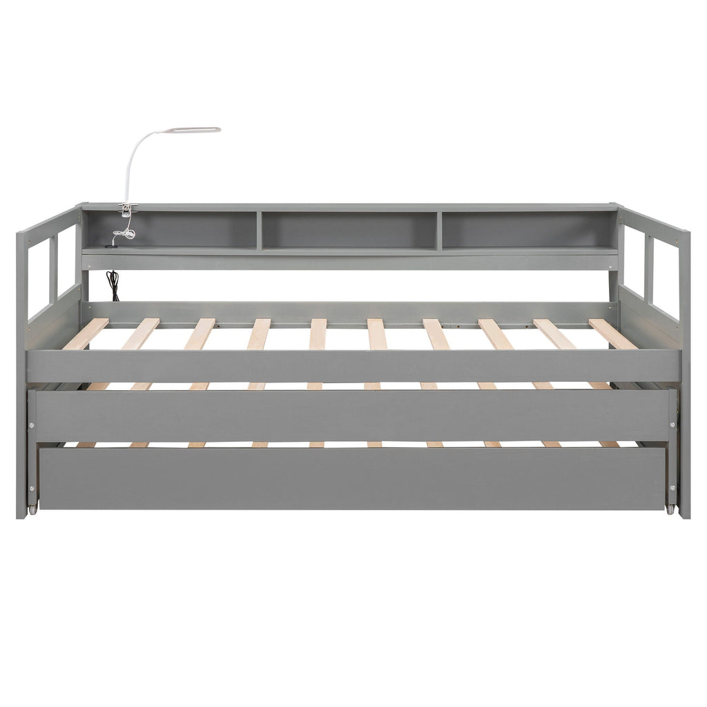 Daybed With 2 Trundles, 3 Storage Cubbies, Built In USB Charging Light