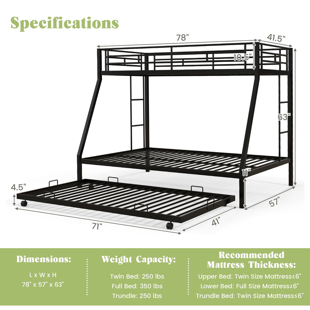Twin Over Full Bunk Bed Frame with Trundle for Guest Room