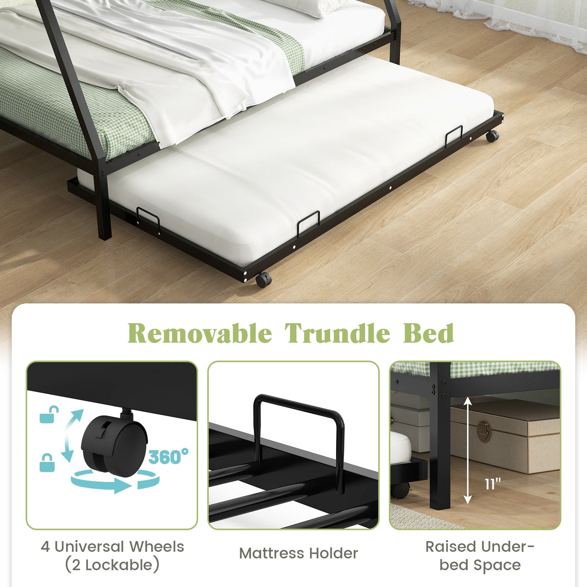 Twin Over Full Bunk Bed Frame with Trundle for Guest Room