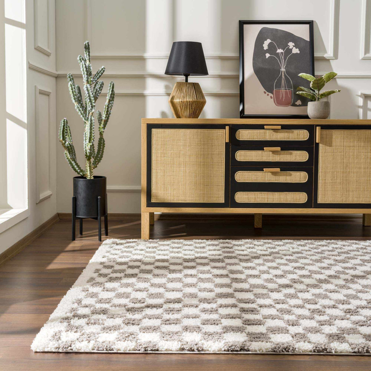 Kieu Taupe Checkered Plush Rug