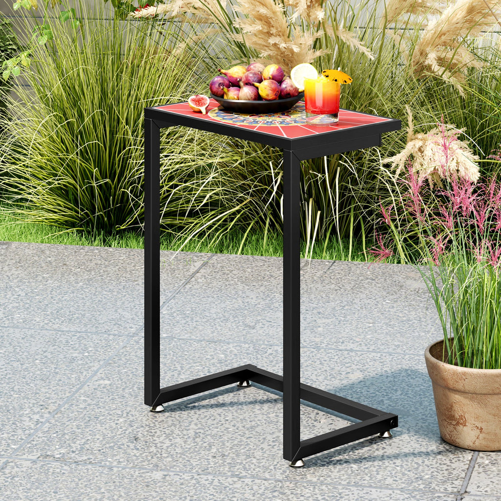 C-shaped Waterproof Outdoor Side End Table with Ceramic Top