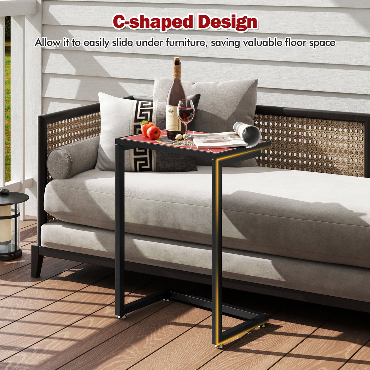 C-shaped Waterproof Outdoor Side End Table with Ceramic Top