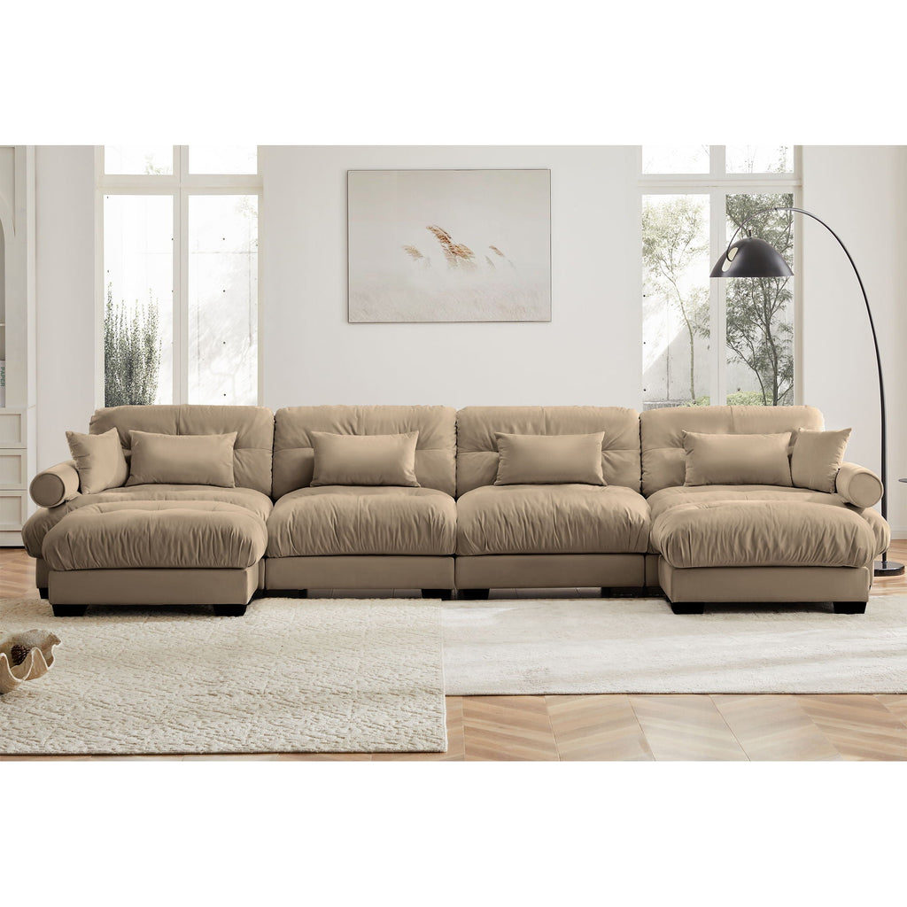 Modern Sectional Sofa With Ottoman, Round Bolster Armrests, Waist And Throw Pillows