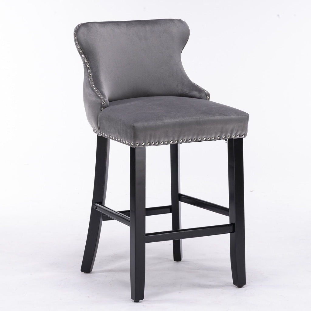 Contemporary Upholstered Wing-Back Barstools With Button Tufted Decoration And Wooden Legs, And Nailhead Trim, Leisure Style Bar Chairs, Bar Stools (Set of 2)