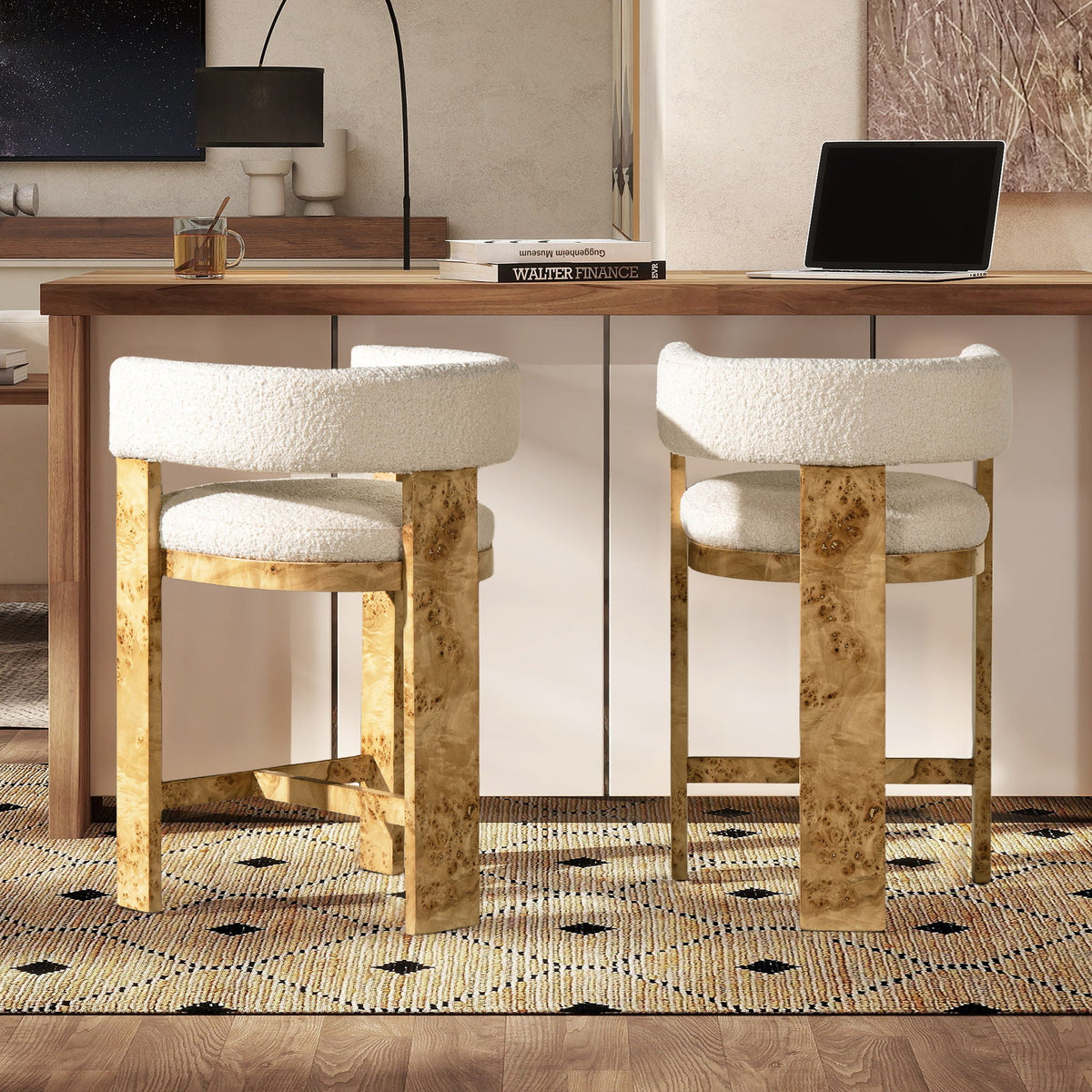 Vavona - Burl Upholstered Barrel Back Counter Height Bar Stool - Polar Off White