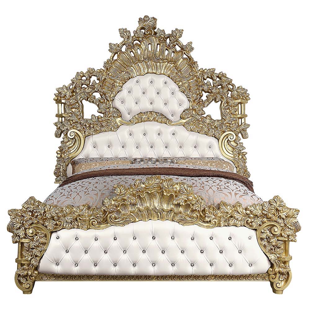 Bernadette - Eastern King Bed - White Synthetic Leather Fabric & Gold