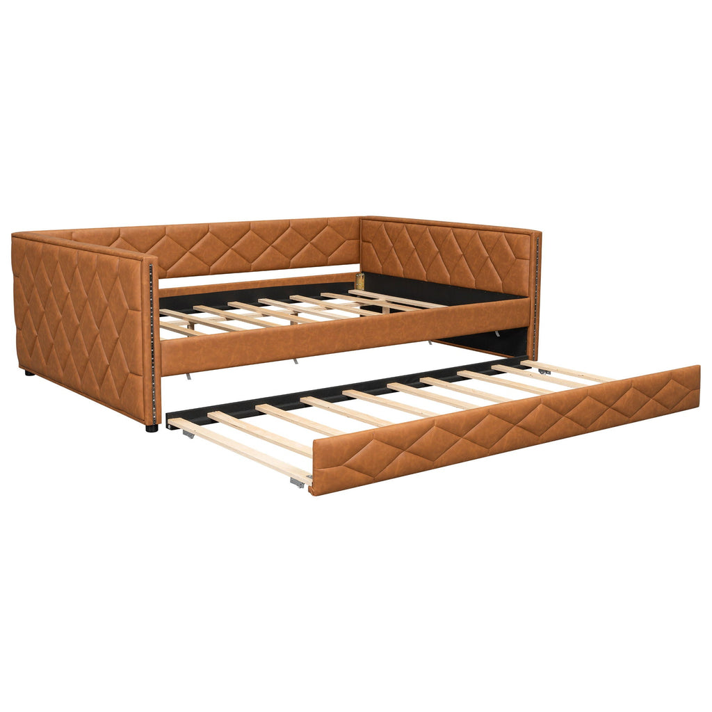 Upholstered Full Long Daybed With Trundle And LED Armrests - Brown