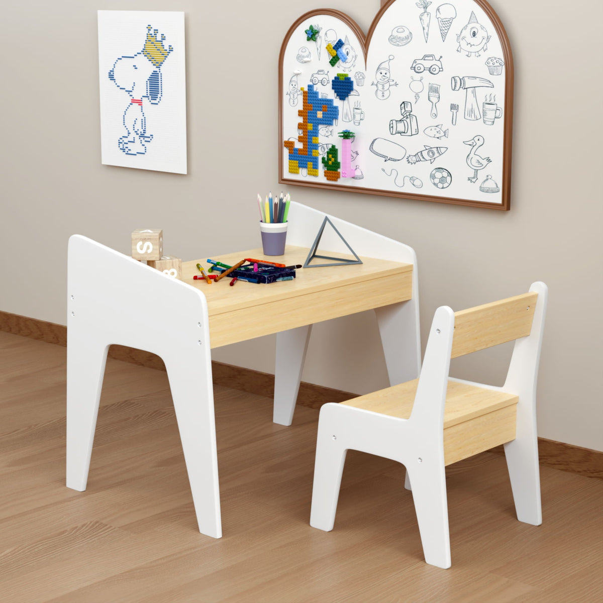 Table Set With 1 Chair, Children Study Table For Ages 2 - 8 - White