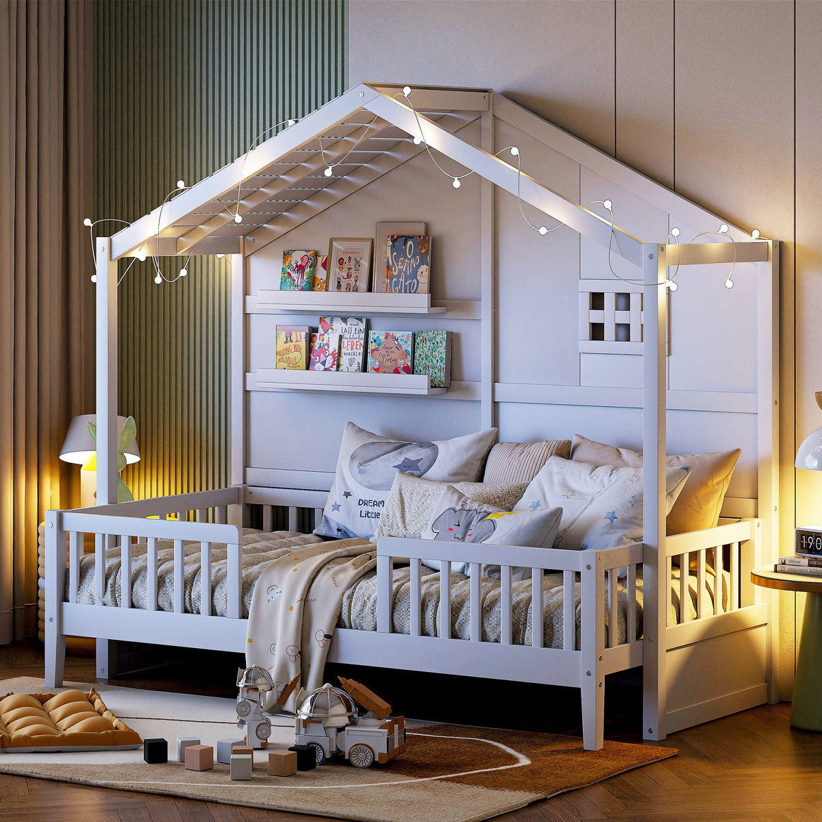 House Bed With Shelves, Window And Sparkling Light Strip On The Roof