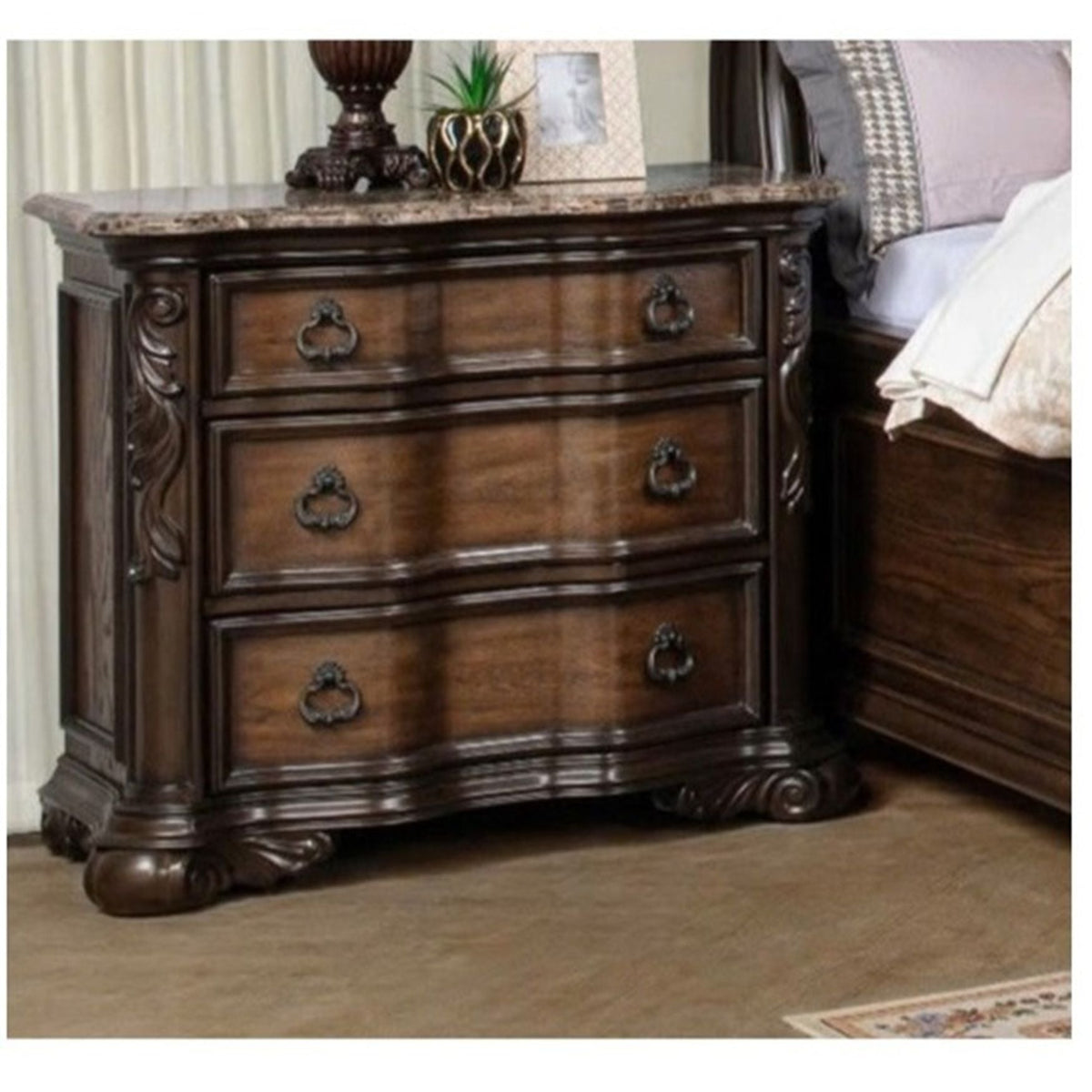 Nightstand, 3 Drawers - Brown / Coffee
