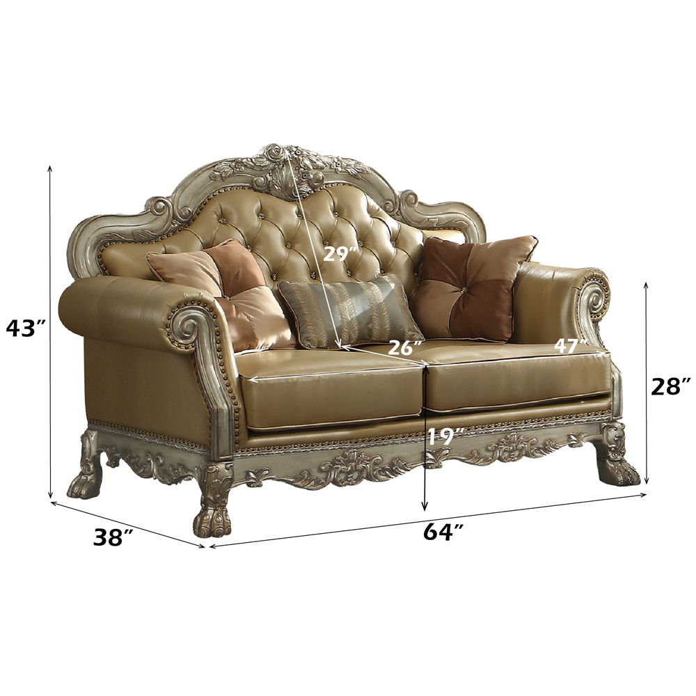 Dresden - Loveseat With 3 Pillows - Bone Synthetic Leather & Gold Patina