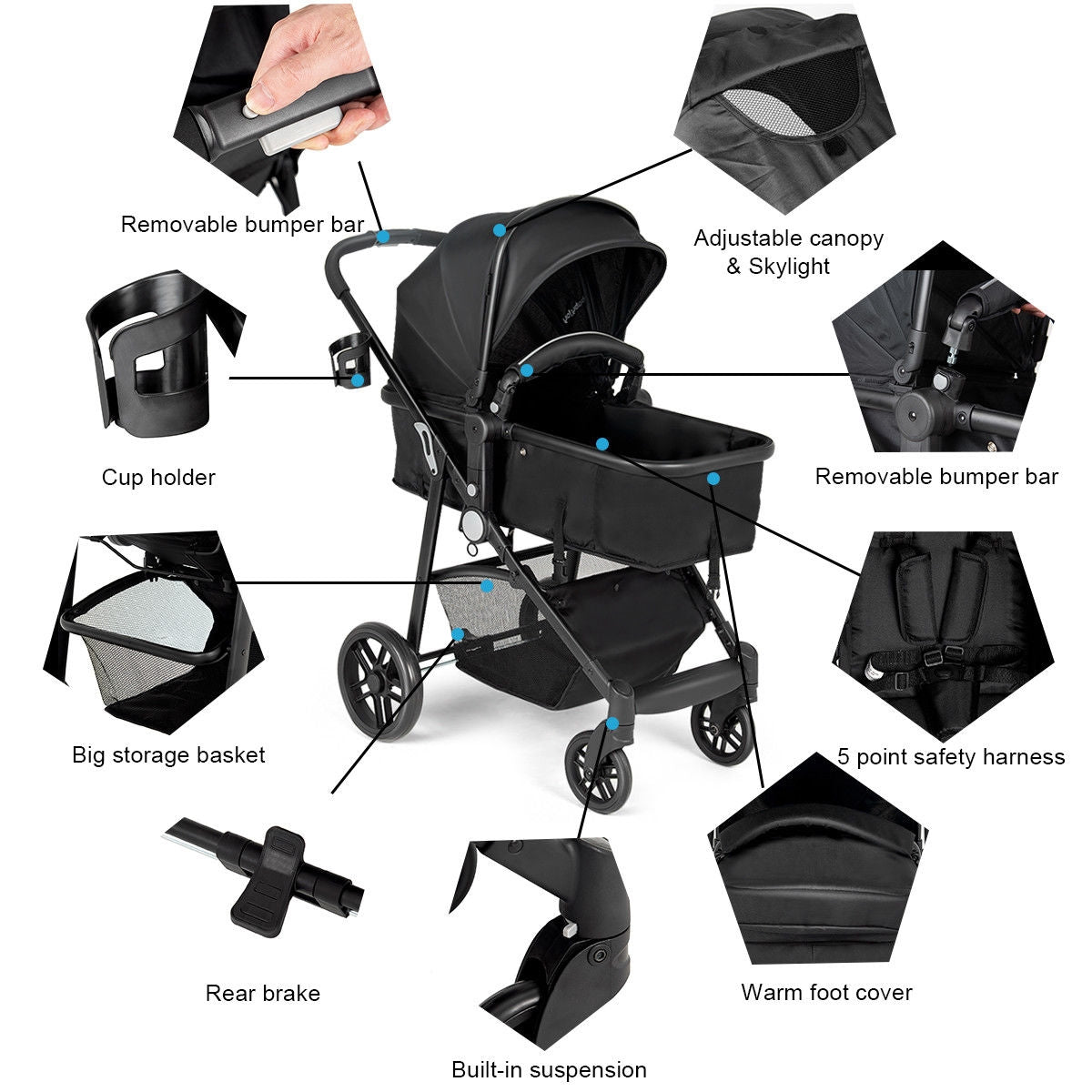 2-in-1 Foldable Pushchair Newborn Infant Baby Stroller