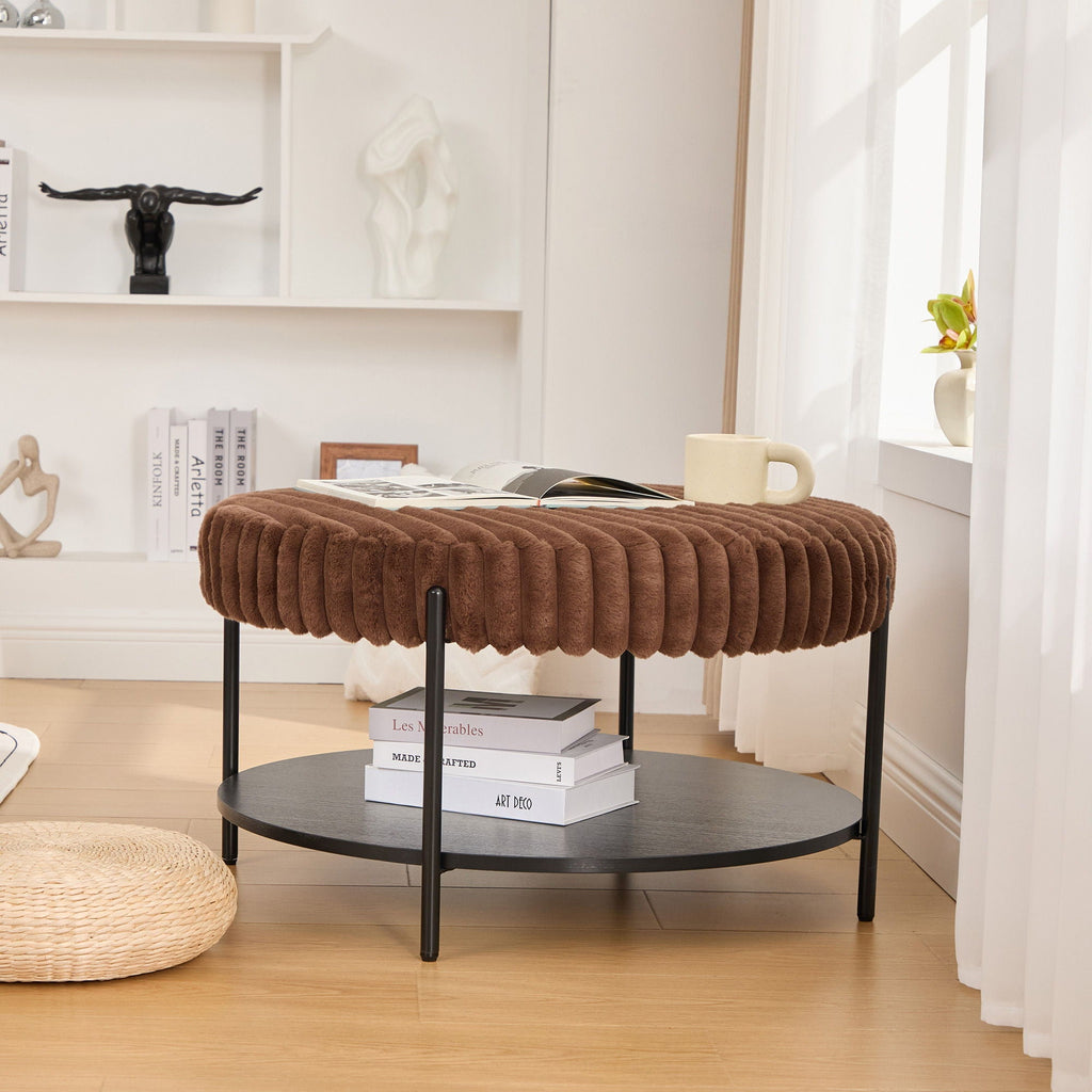 Modern Upholstered Round Ottoman Coffee Table With Storage Shelf