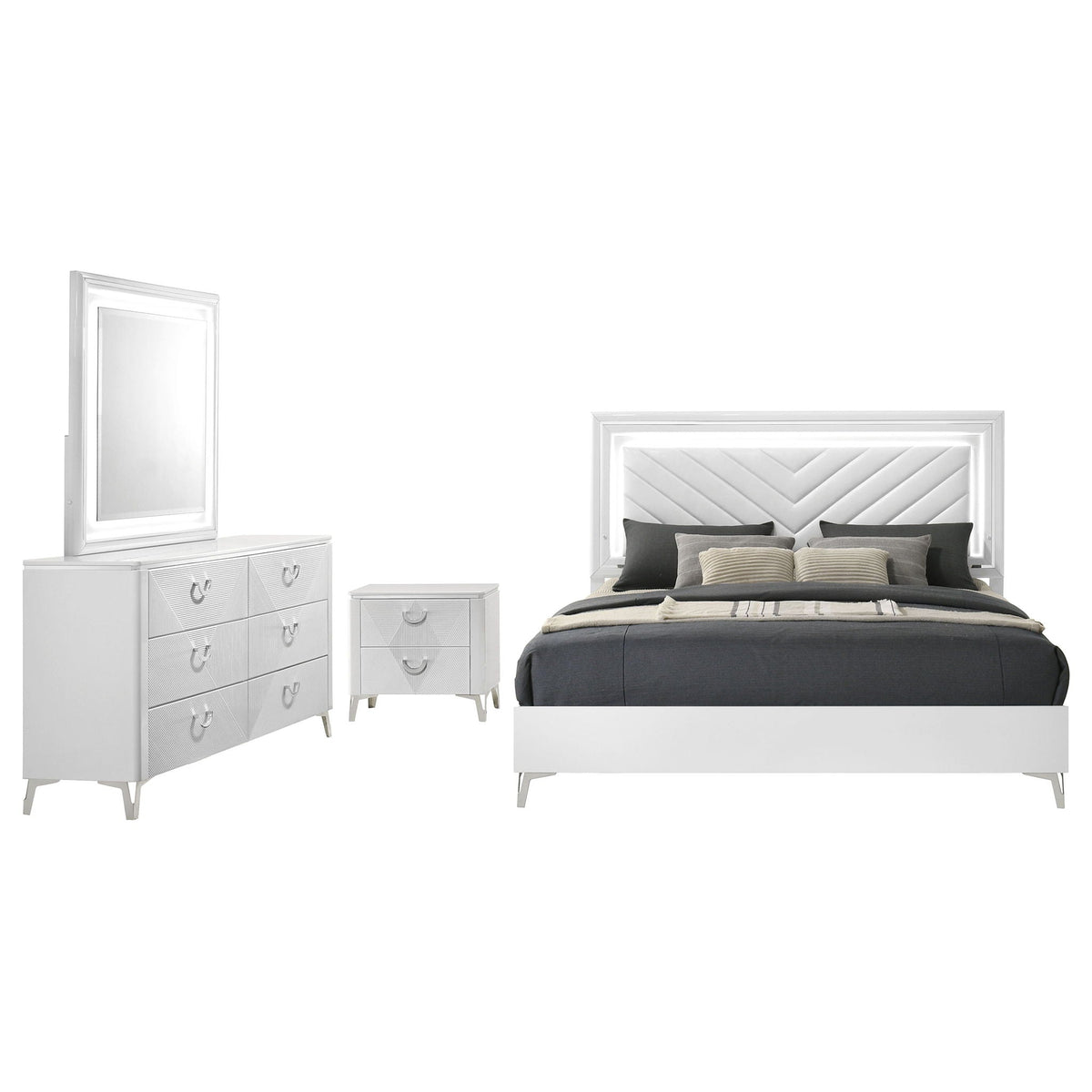Cassia 4-piece Eastern King LED Bedroom Set White High Gloss