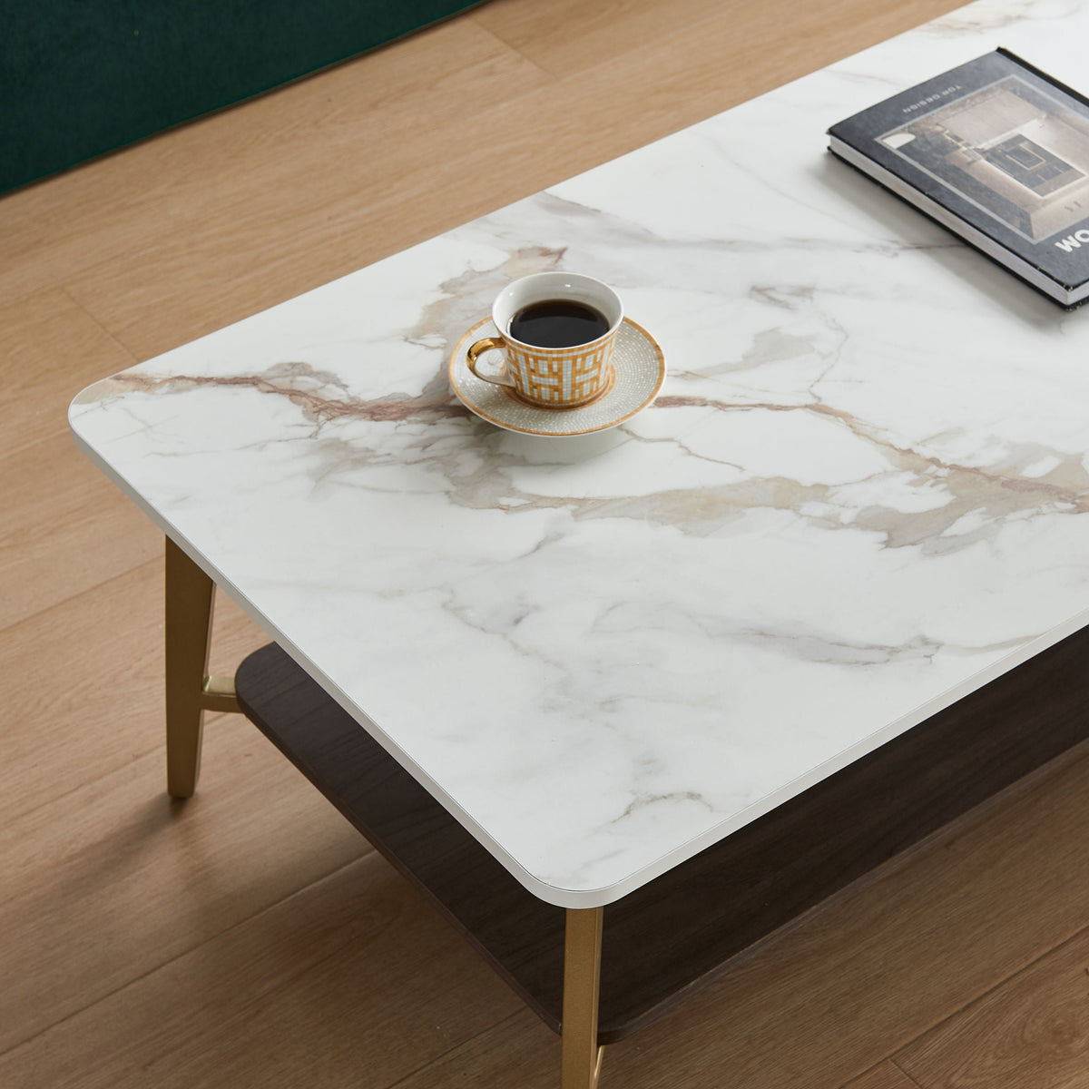 Coffee Table Rectangular Center Table For Living Room Open Space Side Table With Metal Frame - Golden / White